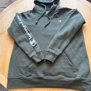 Champion Script Sleeve Hoodie Olive Green Pullover Sweatshirt Size L Streetwear
